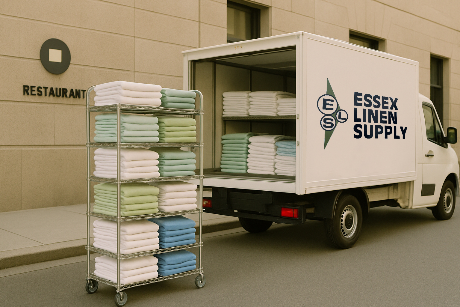 A delivery truck labeled “Essex Linen Supply | Mister Mat” parked outside a building with its back doors open, revealing neatly stacked folded linens inside. A rolling cart filled with organized white, green, and blue linens is positioned next to the truck.