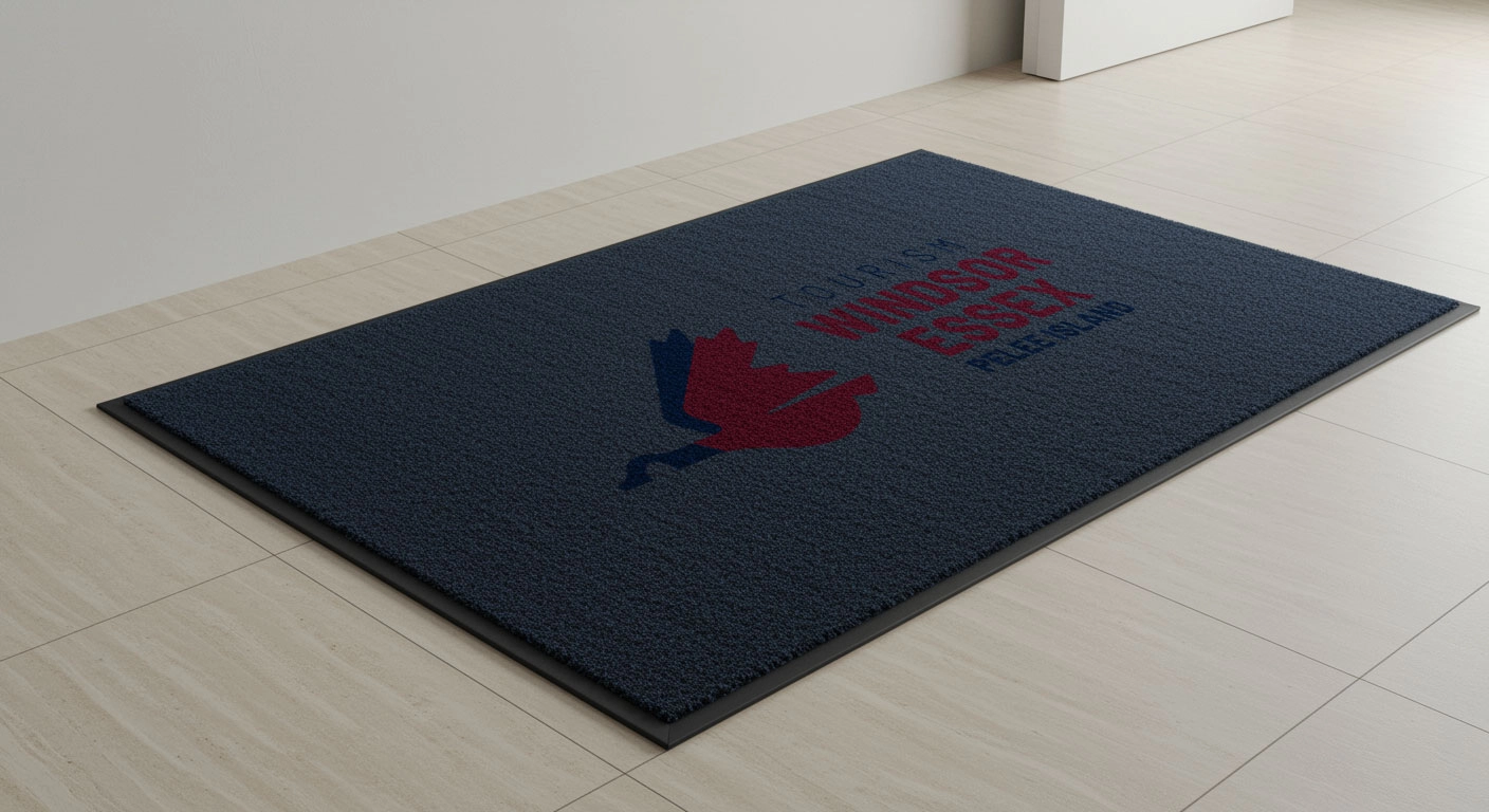 Custom dark blue commercial floor mat featuring a red and blue Canada goose graphic and the text “Tourism Windsor Essex Pelee Island,” placed on a light tiled floor near a white wall.